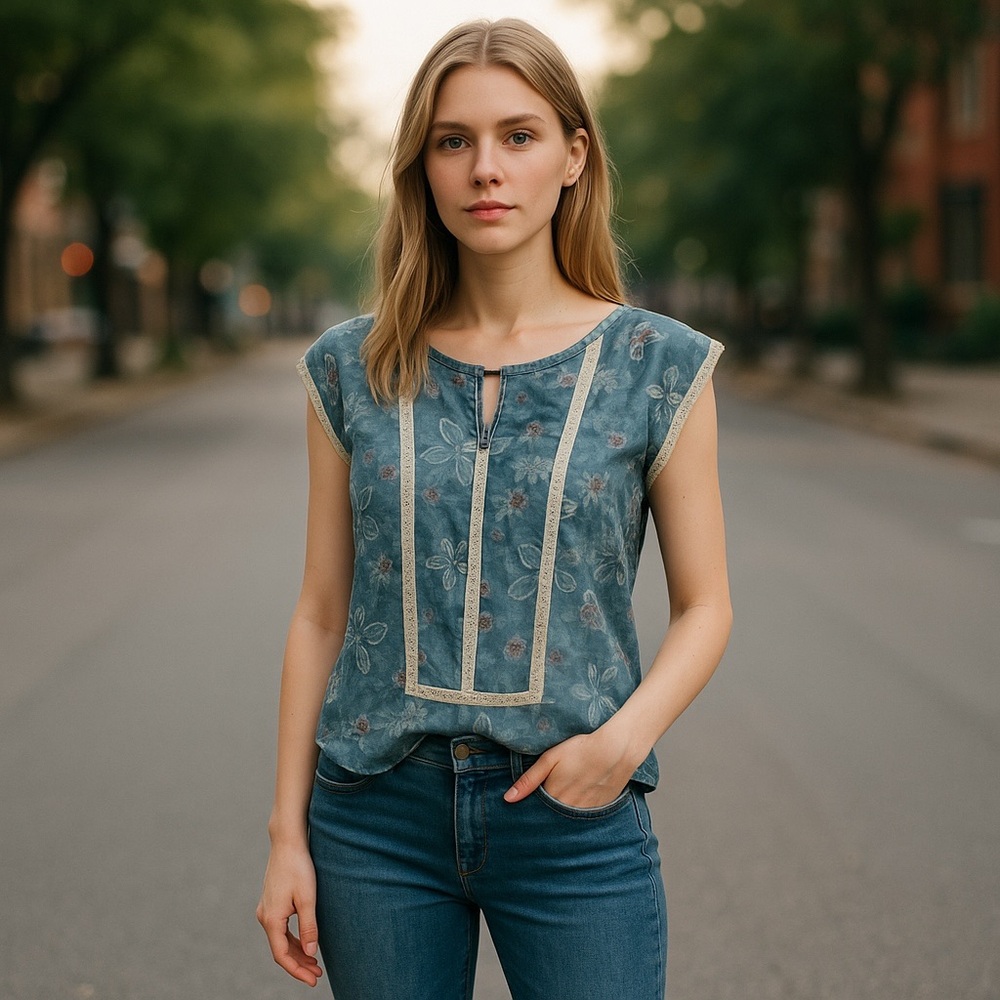 Boho| Umgee Denim‎ Blue Spring/Summer Blouse with Lace Accents